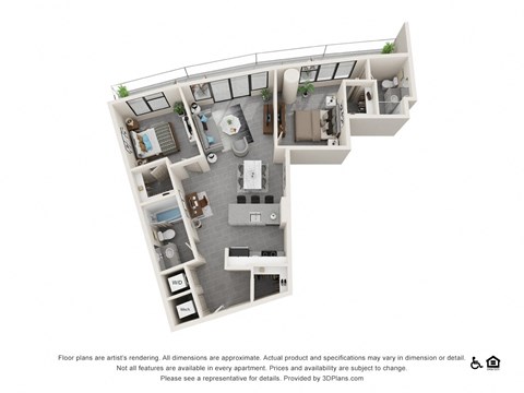 Floor plan for 2 beds, 2 baths, 1029 sqft